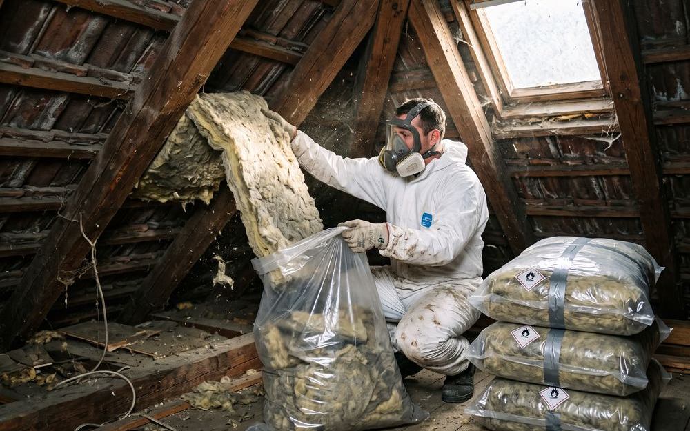 Ausbau alter Glaswolle zwischen den Dachsparren, verpackt in Entsorgungssäcken