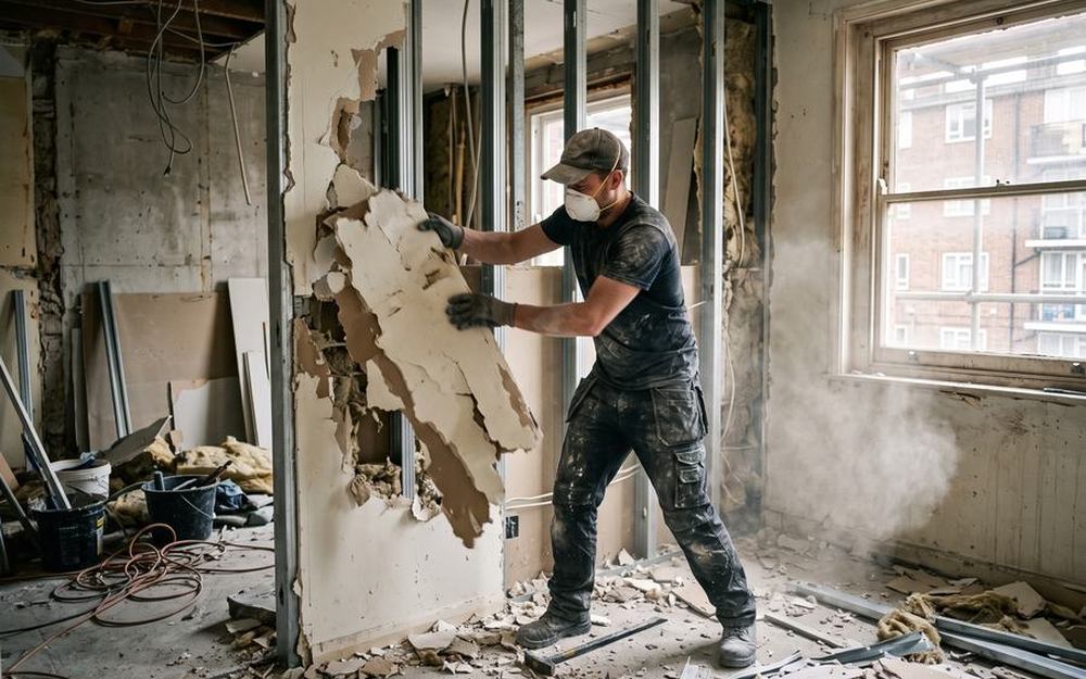 Freigelegte Ständerwand mit alter Mineralwolle-Dämmung