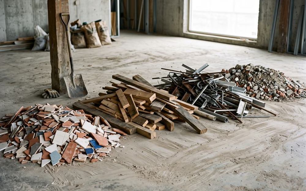 Verpackte Dämmwolle und getrennter Bauschutt auf der Baustelle