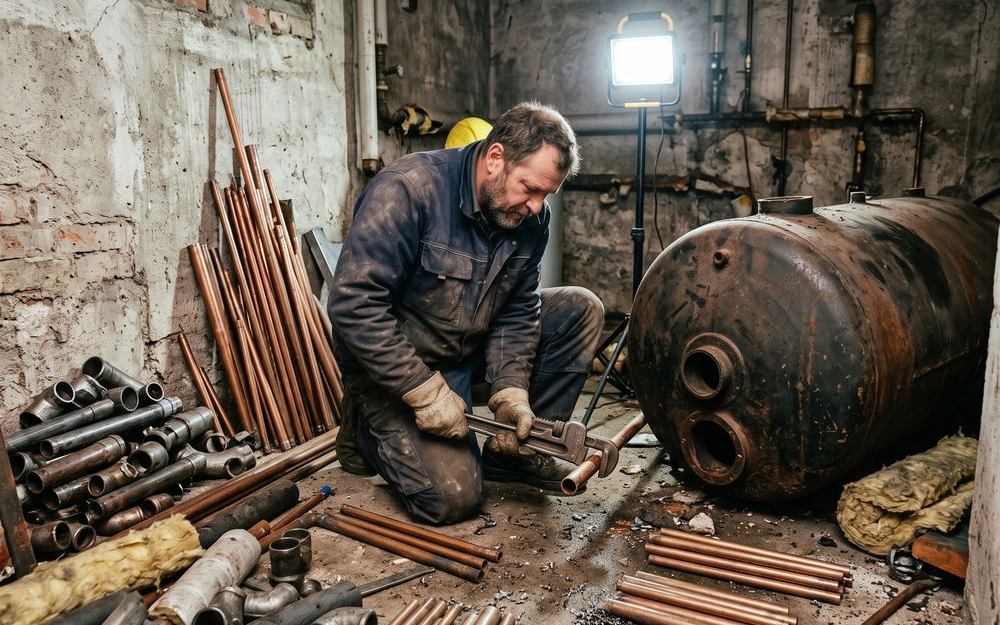 Alte Rohrleitungsdämmung im Keller vor dem Rückbau