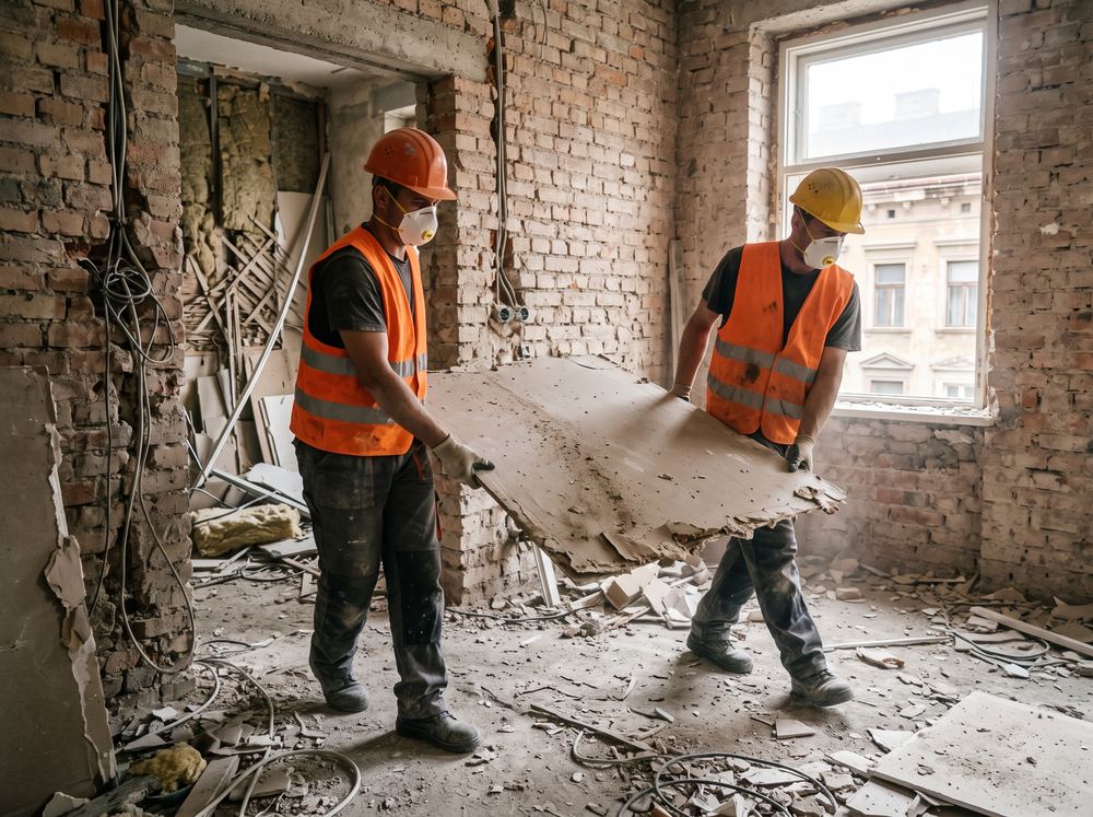 Zwei Mitarbeiter tragen zurückgebaute Innenausbau-Elemente aus einer entkernten Wohnung