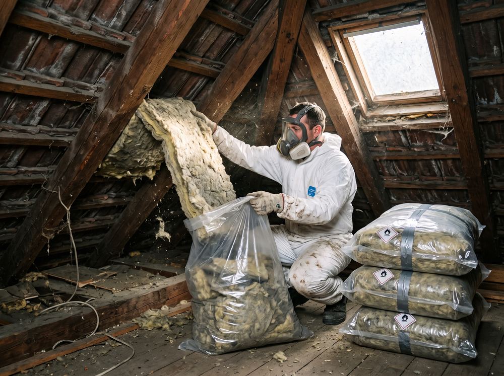 Ausbau alter Mineralwolle-Dämmung im Dachgeschoss, staubdicht verpackt in Entsorgungssäcken
