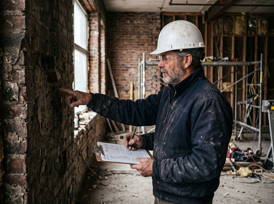 Bauleiter erfasst den Rückbauumfang vor Ort für das Festpreisangebot